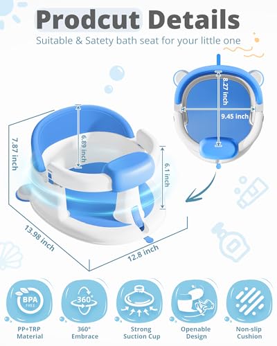 ONTHEWEI Baby Bath Seats for Babies Sitting Up, Non-Slip Baby Bathtub with 3 Suction Cups, Safe & Comfortable Toddler Bath Seat Ideal for Baby Bath/Shower Support, Stable Design, Blue (6-24 Months)