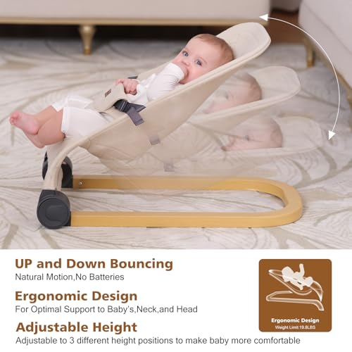 Winchild Baby Bouncer,Portable Baby Bouncer Seat & Foldable with 3 Height Adjustments, Ergonomic Bouncer for Babies 0-6 Months, Wood Grain Style, Natural Vibrations, Includes Storage Bag (Beige)