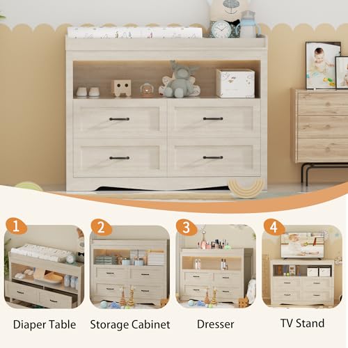 QUNTTINA Baby Changing Table with Changing Table Top for Infants Nursery Dresser Chest with 4 Drawers Storage Changing Station Dresser with LED Light Diaper Changing Station Nursery Organizer,Beige