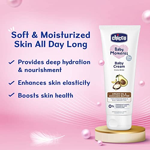 Chicco Baby Moments Baby Cream for Babies with Argan Oil & Avocado Butter, 100g| Natural Ingredients for Hydrated Skin | Dermatologically Tested | Phenoxyethanol, Parabens & Lauryl sulphates free