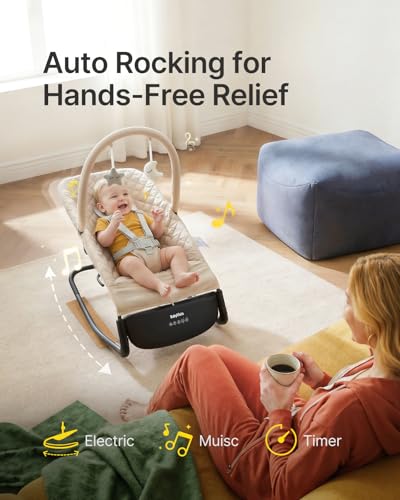 Electric Baby Bouncer Seat with Auto Rocking, 3-in-1 Infant Bouncer & Rocker Chair, Adjustable Height, Battery or Plug-in Powered, Music & Play Bar, Portable Baby Bouncer for Babies 0-12 Months