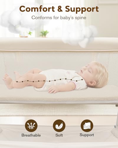 JevrJeur Baby Bassinet, Bedside Bassinet for Baby, Bassinet Bedside Sleeper with Mattress, Storage Basket and 4 Auto-Lock Wheels, Full-Mesh Sides, Bedside Mini Crib for Newborn (Beige)
