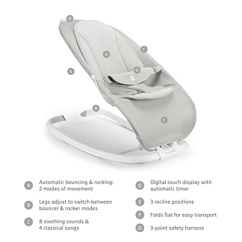 Munchkin® Electric Baby Bouncer & Rocker for Infants, Automatic Baby Rocker Seat with Soothing Sounds, Digital Touch Display, 3 Recline Positions, Grey