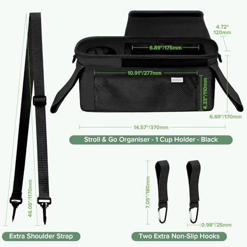 haakaa Universal Stroller Organizer with Insulated Cup Holder - Black, Single Cup Holder, Stroller Caddy with Shoulder Strap & Extra Non-Slip Stroller Hook, Fits Most Strollers