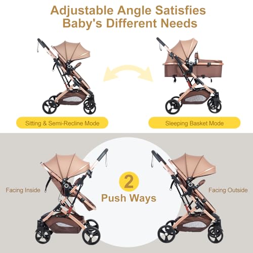 2 in 1 Baby Stroller Newborn Foldable Pushchair with Adjustable Canopy Folding High Landscape Infant Carriage, Anti-Shock Toddler Pushchair