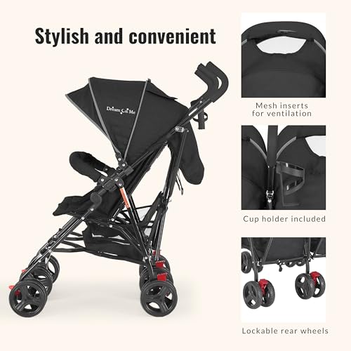 Dream On Me Volgo Twin Baby Stroller, Lightweight Side-by-Side Double Umbrella Stroller with Adjustable Canopy, 5-Point Harness, Storage Basket & Travel-Friendly Fold – Black