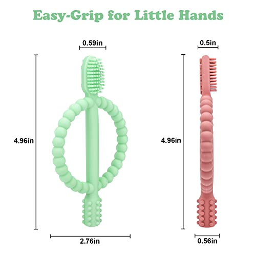Baby Teething Toys with Easy-Hold Handle, Silicone Infant Toothbrush, Textured On Both Sides Helps Massage, Soothe Sore Gums, Teething Toys for Babies 0-6 Months, 6-12 Months Bright Green & Caramel