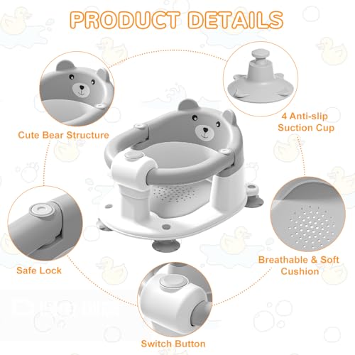 Baby Bath Seat for Babies 5-10 Months, Non-Slip Toddler Bath Seats for Babies Sitting Up, Safe Infant & Newborn Bathtub Chair with 4 Suction Cups & Soft Cushion for Shower,Gray