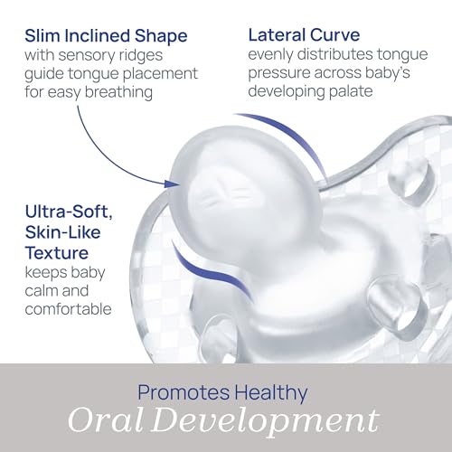 Chicco PhysioForma Luxe Orthodontic Pacifier for Babies 16-24 Months, One-Piece 100% Soft Silicone, Supports Breathing, Textured Shield & Handle, Included Sterilizing Case, BPA Free, 2-Pack, Crystal