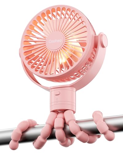 Coohea Stroller Fan Rechargeable Battery Powered Portable Fans, Head Detachable 360° Rotatable Clip on Fan, 3 Speed Quiet Small Mini Fans with Light Night for Carseat, Bed, Crib, Bike, Travel, Pink