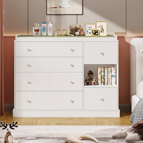 Halitaa Kids Dresser Cabinet with 6 Drawers, Changing Table for Nursery with Shelf, Multi-Functional Chest of Drawers, Kids Bedroom Furniture, Nightstand for Children's Room, White