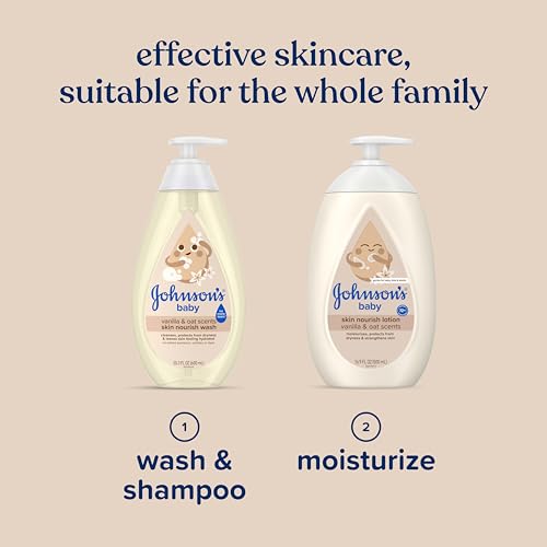 Johnson's Skin Nourishing Moisture Baby Wash, Vanilla & Oat Scents, Tear-Free, Hypoallergenic Baby Body Wash Cleanses, Protects from Dryness, & Leaves Skin Feeling Hydrated, 20.3 fl. oz
