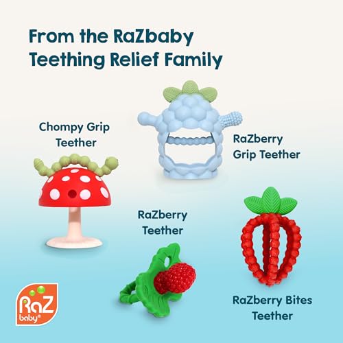 RaZbaby Soft Silicone Infant & Baby 3M+ Teether Toy Massaging Bristles Teething Relief Pacifier - Soothes Sore Gums - Hands-Free & Easy-to-Hold Chompy Teether, BPA Free (RED/Green)
