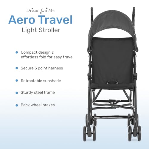 Dream On Me Aero Travel Umbrella Stroller, One-Hand Quick Fold, 3-Point Safety Harness, Dual Brakes, Adjustable Removable Canopy, Lightweight Compact & Space-Saving, for 6 to 36 Months – Black