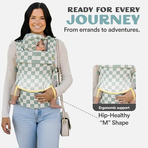 Ava & Oliver Essential Baby Carrier – Ergonomic, Hip-Healthy Soft Structured Carrier for Infants & Toddlers (7–35lbs) - Front and Back Carry, Breathable Fabric, Stylish & Lightweight (Olive Checker)