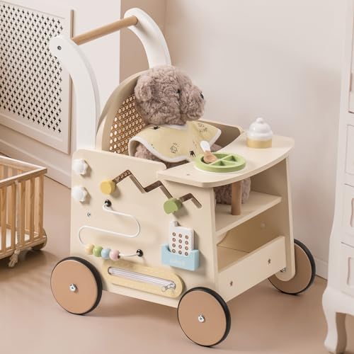 ROBOTIME Wooden Baby Walker, Baby Push Walker, Baby Activity Center Toys - Toddler Walking Activity Center Push Toys with Safety Brake, Baby Walker for Motor Skills (Rattan Doll Walker)