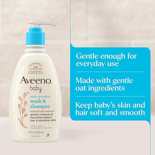 Aveeno Baby Daily Moisture Gentle Baby Body Wash and Shampoo with Oat Extract, 2-in-1 Baby Wash and Hair Shampoo, Tear-Free, Paraben-Free for Sensitive Skin and Hair, Lightly Scented, 12 Fl Oz