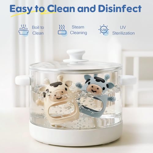 TOHIBEE 2 Packs Baby Teething Toys for 0-6 6-12 Months, Food Grade Silicone Adjustable Cow Teething Mitten, Chew Teether Toys for Teething Pain Relief, Baby and New Born Essentials, Blue & White