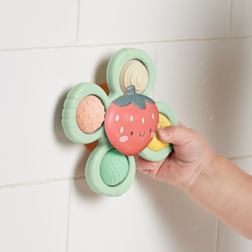 Itzy Ritzy Pop & Whirl – Fidget Spinner Travel & Bath Toy for Babies & Toddlers – Fidget w/Textured Silicone Popper to Develop Fine Motor Skills –Sticks to Highchairs, Tables, Tubs, More (Strawberry)