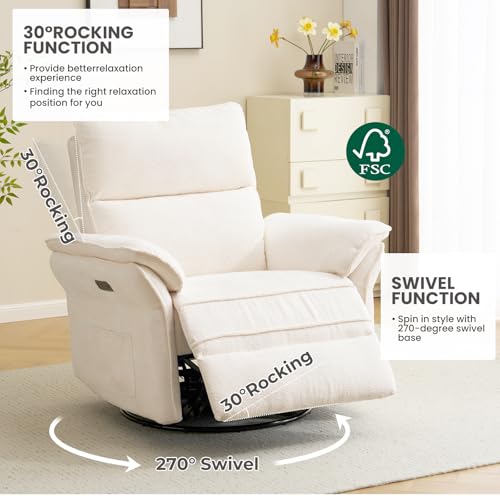 RUTOX Oversized Rocking Chair Nursery with Massage and Heat, Glider Recliner Nursery Chair with Adjustable Headrest, Power Swivel Rocker Recliner Chair with USB Port, White