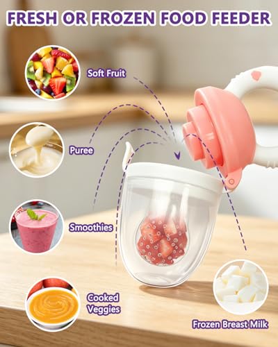 Baby Solids/Frozen Fruit Feeder Pacifier, Infant Teether Toy 4M+, BPA-Free Silicone Pouch & Nipple, Safely Introduce Solids, Teething Relief, 2-Pack