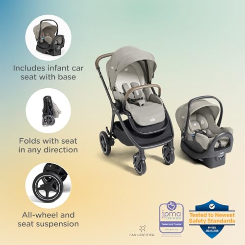 Joie Baby, Kava and Rue Travel System - 3-in-1 Stroller, Lightweight Infant Car Seat & Anti-Rebound Base, All-Wheel Suspension, Reversible Seat (Dove)