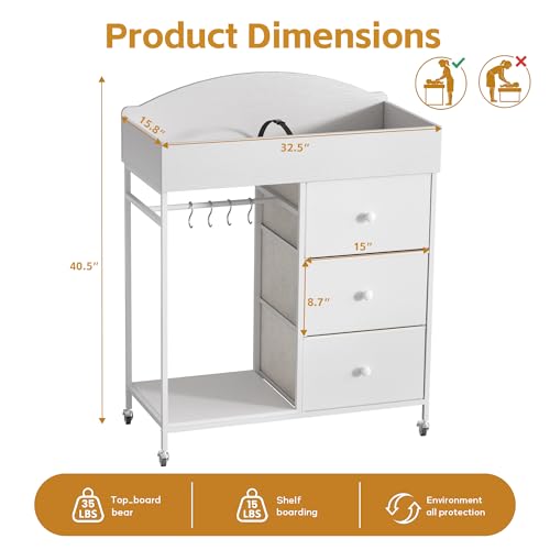 DTK Changing Table Dresser with Clothing Rack and Storage Shelf,3-Drawer Baby Dresser with Changing Table Top,Diaper Changing Station with Waterproof Pad,Mobile Dresser for Nursery,White