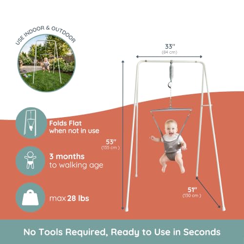 Jolly Jumper Classic (Grey) with Stand - Original Baby Jumper, Indoor and Outdoor Exercise Saddle Seat, Adjustable Height, for Infants up to 28lbs