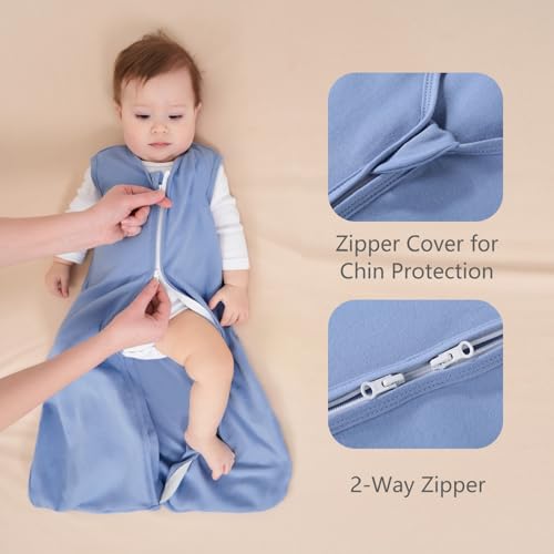 FIEMOL Baby Sleep Sack 0-6 Months, 100% Cotton Sleeping Sack for Newborn and Infant, 3 Pack Baby Wearable Blanket, 0.5 Tog Lightweight Double Zipper Sleep Bag Cyan