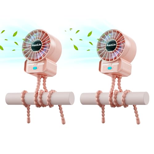 2 Pack Multifunctional Portable Stroller Fan 4 Speed 6600rpm High Speed Usb Rechargeable Personal Mini Handheld Fan Extended Tripod For Desktop Winding Kids Bed Treadmill Bike Golf Cart Outdoor Travel