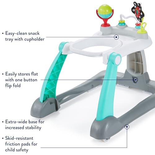 Kolcraft Tiny Steps 2 in 1 Foldable Infant and Baby Walker with Wheels, Seated or Walk Behind Activity Center, Entertaining Developmental Activities for Boys and Girls, Wide Base Sturdy Frame