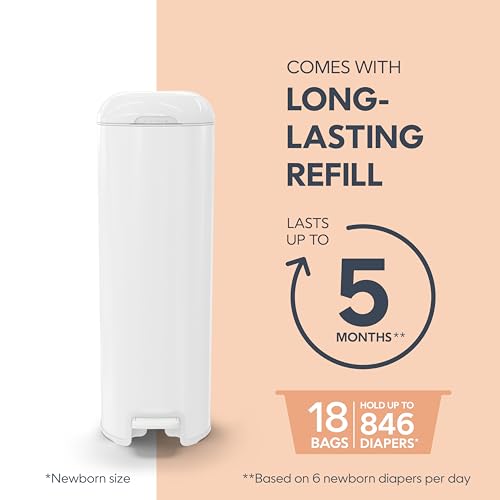 Diaper Genie Platinum Pail (Lily White) is Made in Durable Stainless Steel and Includes 1 Easy Roll Refill with 18 Bags That can Last up to 5 Months.