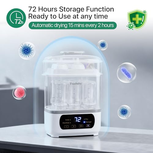 Freebaby Baby Bottle Steamer and Dryer, All-in-One Sterilizer and Dryer for All Baby Bottle, Bottle Sanitizer for Pacifiers&Breast Pump Parts, 8 Bottles Capacity and Auto-Off