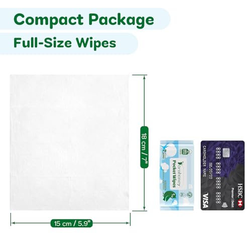 Dorahoney 100% Cotton Travel Wipes for Sensitive Skin, 99% Purified Water Hypoallergenic Mini Wet Wipes, Unscented Pocket Wipes Travel Essentials, 56 Count (8 Packs of 7)