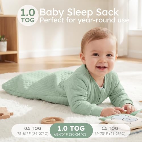Yoofoss Baby Sleep Sack 6-12 Months 1.0 Tog Long Sleeve Sleep Sack Organic Cotton Wearable Blanket for Infants 2-Way Zipper Quilted Sleeping Sacks(Medium)