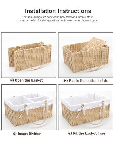 FUFAXHX Large Baby Diaper Caddy Basket - Wicker Paper Rope Storage Baskets Portable Woven Car Organizer for Diapers With Cotton Divider Brown