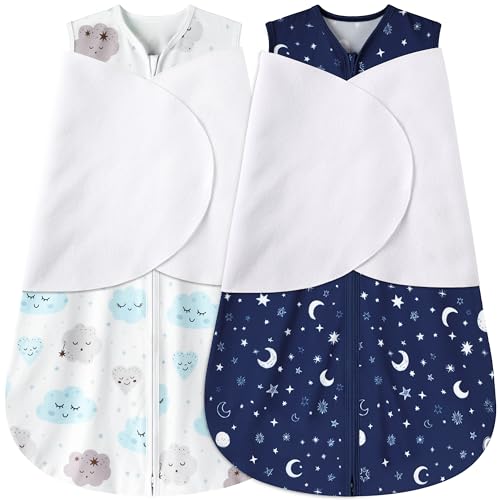 BSTOPPT Newborn Sleep Sack Baby Swaddle,3-6 Months,3-Way Adjustable Wearable Blanket,100% Rayon Cotton Swaddling sleeping bag，TOG 0.5（Clouds&Starry Sky）