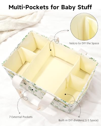 BuyCard Leaf Pattern Diaper Caddy Organizer, Nursery Storage Basket with Handle, Baby Essentials Holder, Cream with Green Floral Design