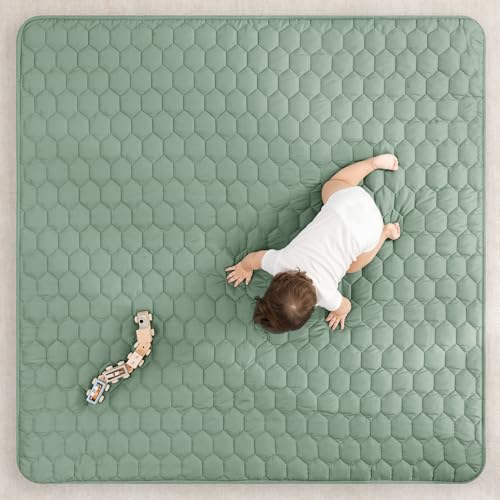 Comfy Cubs Square Kids Play Mat - 56 x 56 inches Soft Quilted Baby Floor Mat with Non-Slip Bottom - Plush Design for Toddlers' Playtime - Comfortable and Durable - Fern
