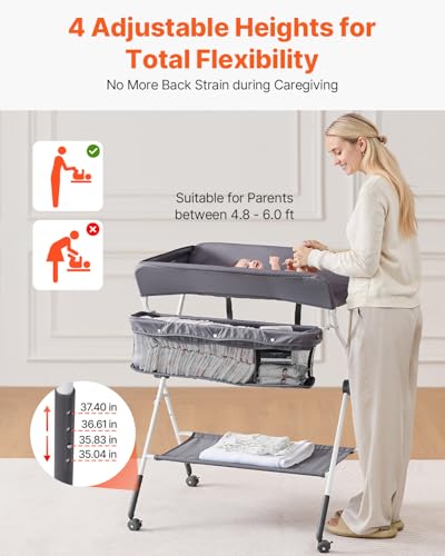 VEVOR Baby Changing Table, Foldable Diaper Change Station with Side Basket, Adjustable Height Changing Table with Lockable Wheels, Multi-Functional Nursery Storage Organizer, Dark Gray