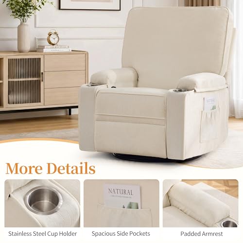 Korser Recliner Chair, Nursery Rocking Chairs for Adults, 360° Swivel Rocker Recliner with Cup Holder, Overstuffed Glider Rocking Chair for Living Room, Manual Recliner with Side Pockets, Chenille