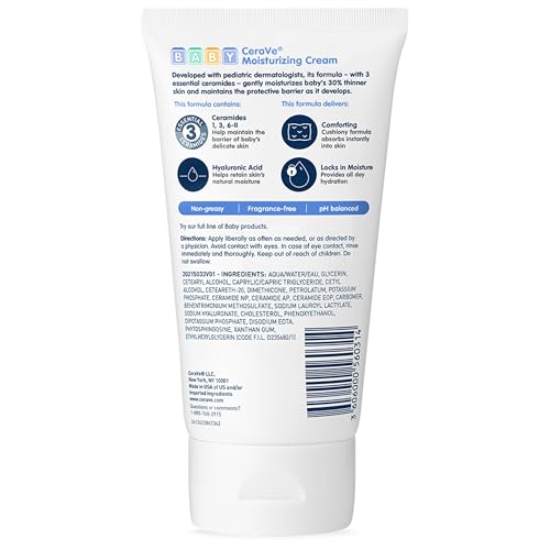 CeraVe Baby Cream, Gentle Moisturizing Cream with Ceramides, Fragrance, Paraben, Dye & Phthalates Free, Rich & Non-Greasy Feel, Gentle Baby Skin Care, 5 Ounce