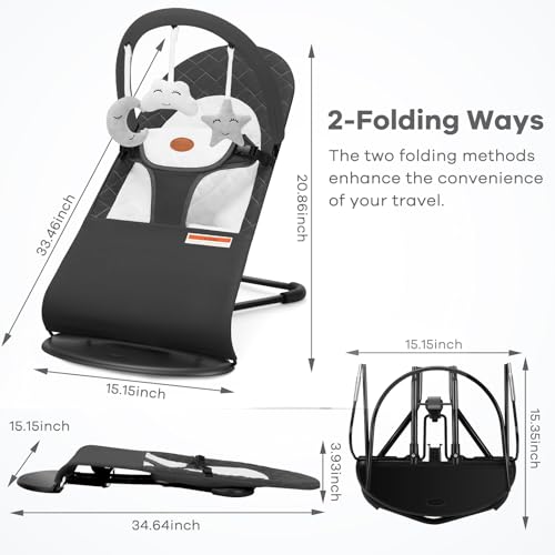 HKAI Baby Bouncer, Portable Baby Bouncer Seat for Babies 0-18 Months, 100% Cotton Fabrics, 3 Modes of use with Rocker and Stationary Options, Infant Rocker Chair with Hanging Toys-Dark Grey