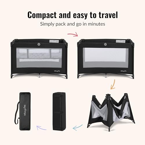 Dream On Me Zazzy Portable Playard with Bassinet in Black, Lightweight Packable and Easy Setup Baby Playard with Mattress and Travel Bag