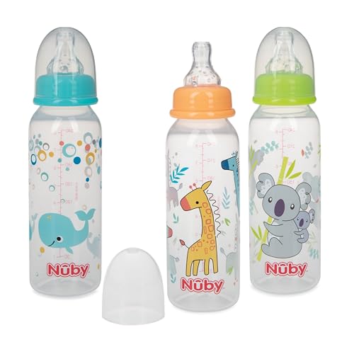 Nuby Non-Drip Standard Neck Baby Bottles - (3 Pack) 4 oz - Vari-Flo Flow Control Nipple - Anti-Colic Air System - 0+ Months - Whale/Koala/Giraffe