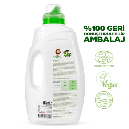 JUST GREEN ORGANIC Baby Liquid Laundry Detergent, Plant-Based Laundry Soap Newborn & Infant Clothes, Hypoallergenic, Fragrance-Free, EcoCert Certified, 30 Washes, 50.7 fl oz (1500 ml)