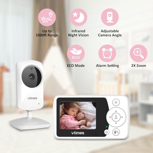 VTimes Baby Monitor with Camera and Audio, No WiFi, 2.4" LCD Screen, Two-Way Talk, Portable, Night Vision, 1000ft Range, Temperature Sensor, Alarm and Lullaby, for Baby Shower