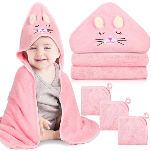 4 PCS Hooded Baby Towels Set, Absorbent Baby Bath Towel, Soft Baby Towels and 3 PCS Baby Washcloths for Newborns, Toddlers, and Kids, 32x32 in Baby Towel with Hood for Boy and Girl (Pink Kittens)
