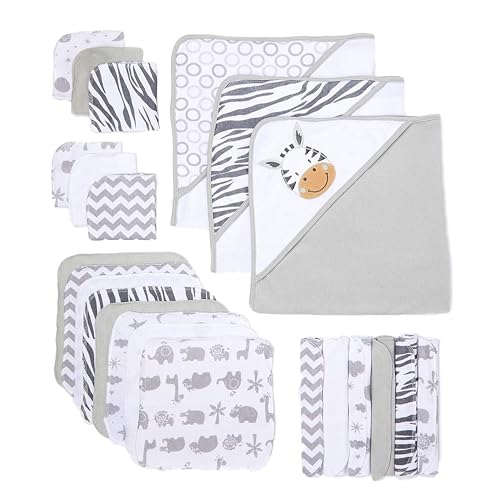 Spasilk 23-Piece Soft Terry Hooded Bath Towel and Washcloth Gift Set, 3 Baby Towels and 20 Baby Washcloths for Unisex Newborn Bath Essentials, Ideal, White Zebra