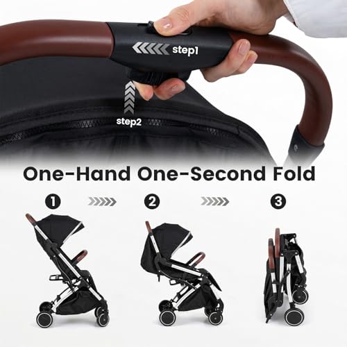 INFANS Travel Stroller, Lightweight Compact Baby Stroller for Airplane with One-Hand Fold, Multi-Position Recline, Canopy, 4 Wheel Suspension, Storage Basket (Black+Silver)